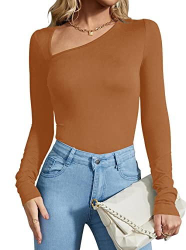 REORIA Damen Casual Classy Asymmetrischer Ausschnitt Langarm gerippt Slimming Tanga Trikots Bodysuit Tops Braun Large von REORIA