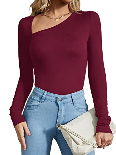 REORIA Damen Casual Classy Asymmetrischer Ausschnitt Langarm gerippt Slimming Tanga Trikots Bodysuit Tops Burgund X-Large von REORIA