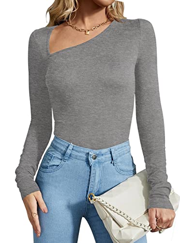 REORIA Damen Casual Classy Asymmetrischer Ausschnitt Langarm gerippt Slimming Tanga Trikots Bodysuit Tops Hellgrau Medium von REORIA