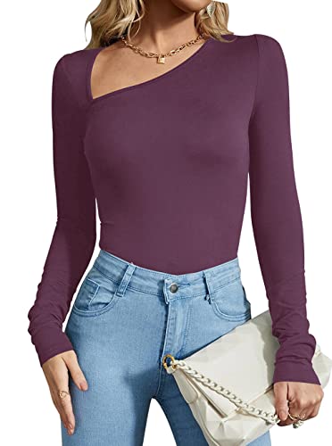 REORIA Damen Casual Classy Asymmetrischer Ausschnitt Langarm gerippt Slimming Tanga Trikots Bodysuit Tops Lila XX-Large von REORIA