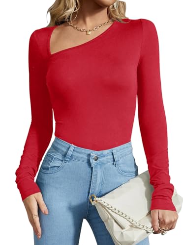 REORIA Damen Casual Classy Asymmetrischer Ausschnitt Langarm gerippt Slimming Tanga Trikots Bodysuit Tops Rot X-Large von REORIA