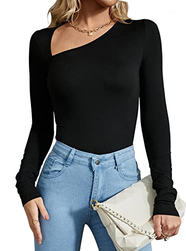 REORIA Damen Casual Classy Asymmetrischer Ausschnitt Langarm gerippt Slimming Tanga Trikots Bodysuit Tops Schwarz Small von REORIA