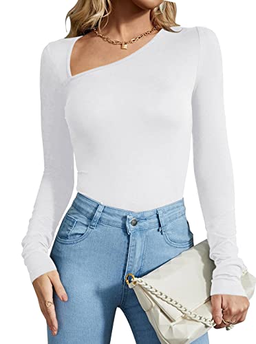 REORIA Damen Casual Classy Asymmetrischer Ausschnitt Langarm gerippt Slimming Tanga Trikots Bodysuit Tops Weiß X-Large von REORIA