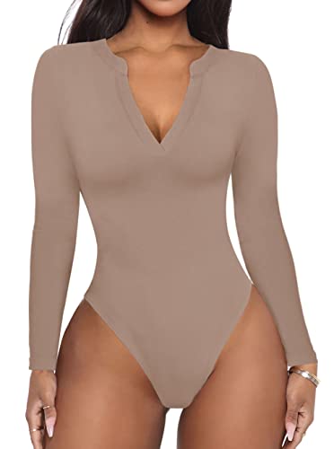 REORIA Damen Casual Sexy V-Ausschnitt Tailliert Langarm T-Shirts Arbeit Abnehmen Gerippter Tanga Trikots Bodysuits Tops Khaki X-Large REORIA Damen Casual Sexy V-Ausschnitt Tailliert Langarm T-Shirts Arbeit Abnehmen Gerippter Tanga Trikots Bodysuits Tops Khaki X-Large von REORIA