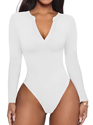 REORIA Damen Casual Sexy V-Ausschnitt Tailliert Langarm T-Shirts Arbeit Abnehmen Gerippter Tanga Trikots Bodysuits Tops Weiß X-Large REORIA Damen Casual Sexy V-Ausschnitt Tailliert Langarm T-Shirts Arbeit Abnehmen Gerippter Tanga Trikots Bodysuits Tops Weiß X-Large von REORIA