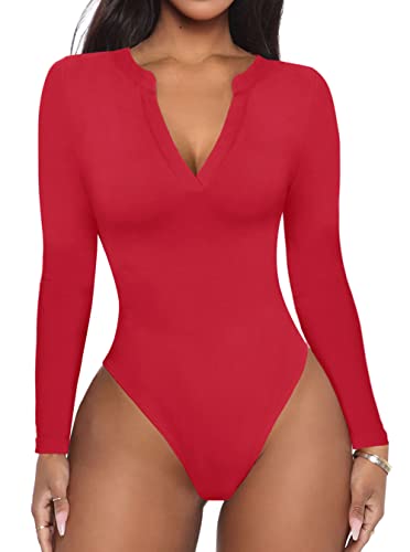 REORIA Damen Casual Sexy V-Ausschnitt Taillierte Langarm-T-Shirts Arbeit Abnehmen Gerippter Tanga Trikots Bodysuits Tops rot Klein von REORIA