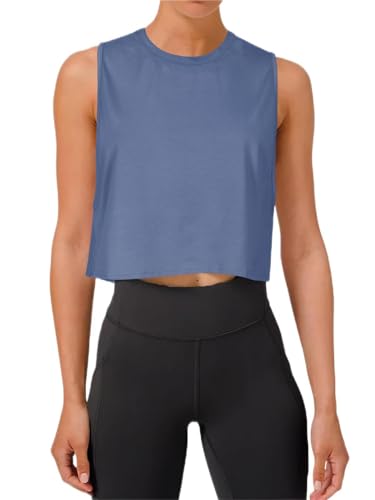 REORIA Damen Crop Tops Workout Tops Lose Ärmellose Cropped Muscle Tank Open Back Shirts Blau XL von REORIA