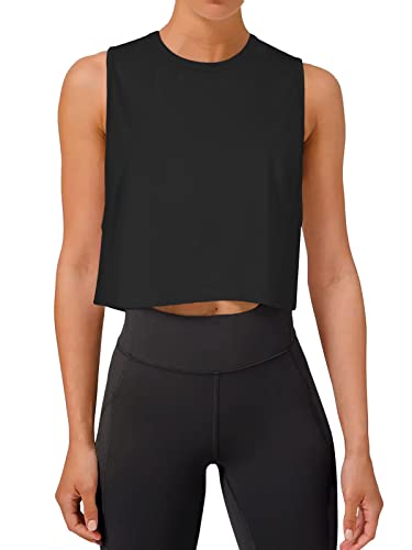 REORIA Damen Crop Tops Workout Tops Lose Ärmellose Cropped Muscle Tank Open Back Shirts Schwarz L von REORIA