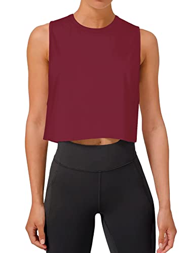 REORIA Damen Crop Tops Workout Tops Lose Ärmellose Cropped Muscle Tank Open Back Shirts Weinrot L von REORIA