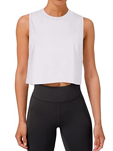 REORIA Damen Crop Tops Workout Tops Lose Ärmellose Cropped Muscle Tank Open Back Shirts Weiß L von REORIA