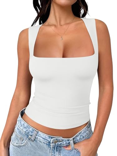 REORIA Damen Doppelt Gefüttert Niedlich Basic Tanktops Trendige Kleidunge Träger Tops mit quadratischem Ausschnitt Weiß XXL von REORIA