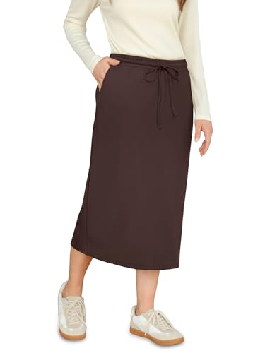 REORIA Damen Einfarbig Midi-Länge Rock Damen Lange Bleistiftröcke mit Gummizug in der Taille Kaffee XXL von REORIA
