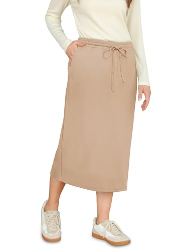 REORIA Damen Einfarbig Midi-Länge Rock Damen Lange Bleistiftröcke mit Gummizug in der Taille Khaki XL von REORIA