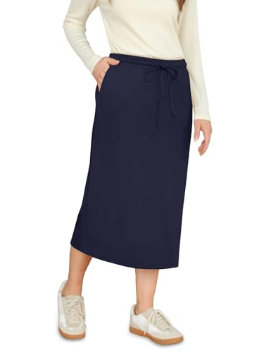 REORIA Damen Einfarbig Midi-Länge Rock Damen Lange Bleistiftröcke mit Gummizug in der Taille Marineblau M von REORIA