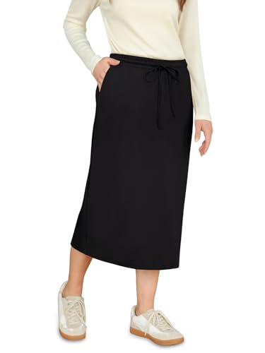 REORIA Damen Einfarbig Midi-Länge Rock Damen Lange Bleistiftröcke mit Gummizug in der Taille Schwarz L von REORIA