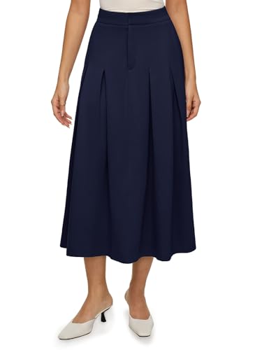 REORIA Damen Einfarbiger Midi Faltenrock Lange A-Linien Röcke mit Gummizug in der Taille Marineblau L von REORIA