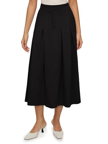 REORIA Damen Einfarbiger Midi Faltenrock Lange A-Linien Röcke mit Gummizug in der Taille Schwarz XL von REORIA