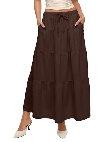 REORIA Damen Einfarbiger Midi Kuchen Faltenrock Lange A-Linien Röcke mit Gummizug in der Taille Kaffee S von REORIA