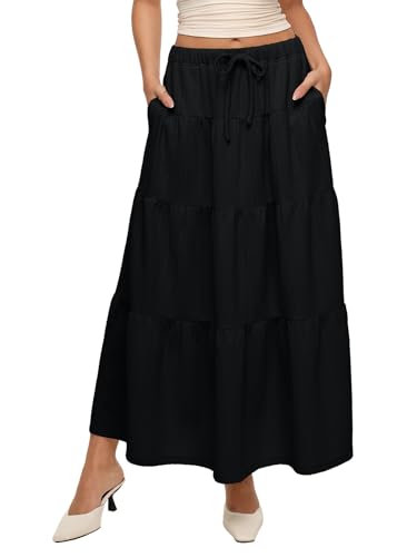 REORIA Damen Einfarbiger Midi Kuchen Faltenrock Lange A-Linien Röcke mit Gummizug in der Taille Schwarz M von REORIA