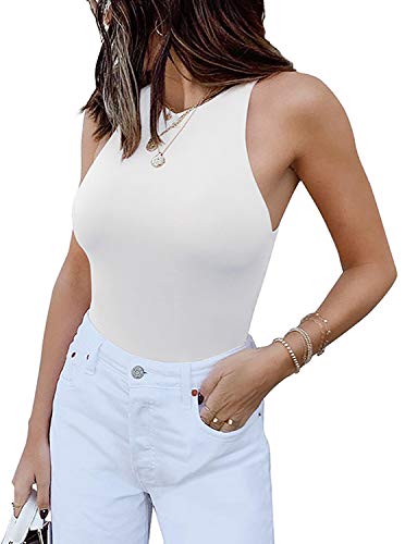 REORIA Damen Elegant Sexy Ärmellos Racerback Rundhals Body Weiß XXL von REORIA