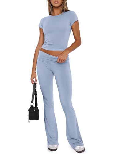REORIA Damen Freizeitoutfits weiches kurzärmliges bauchfreies Top umklappbare Schlaghose Y2K 2 teiliges Trainingsanzüge Lounge Set Hellblau L von REORIA