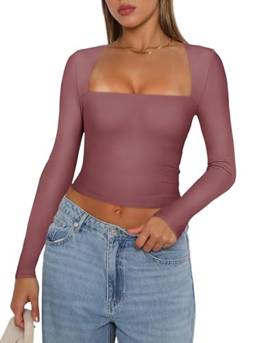 REORIA Damen Herbst T Shirt sexy lässig quadratischer Ausschnitt langärmelig eng geschnitten schmal geschnitten Basic Y2K trendiges Ausgehen Crop Tops für Teenager Mädchen Masala Größe S von REORIA