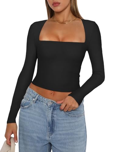 REORIA Damen Herbst T Shirt sexy lässig quadratischer Ausschnitt langärmelig eng geschnitten schmal geschnitten Basic Y2K trendiges Ausgehen Crop Tops für Teenager Mädchen Schwarz M von REORIA