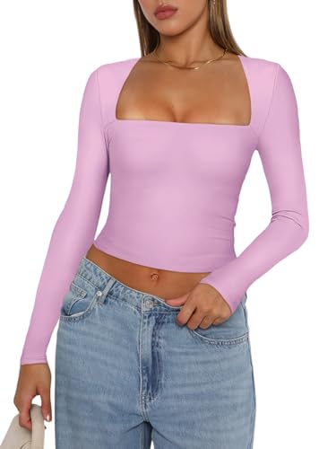 REORIA Damen Herbst T Shirt sexy lässig quadratischer Ausschnitt langärmelig modisch Kurze T Shirts schmal geschnitten Basic Y2K Ausgehen Crop Top Übergröße Korallenrosa X Large von REORIA