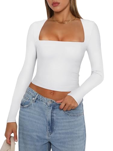 REORIA Damen Herbst T Shirt sexy lässig quadratischer Ausschnitt langärmelig modisch Kurze T Shirts schmal geschnitten Basic Y2K Ausgehen Crop Top Übergröße Weiß X Large von REORIA