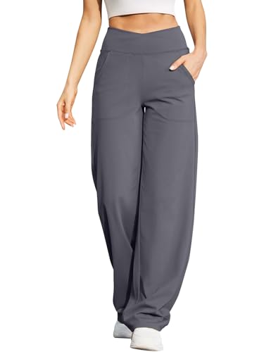 REORIA Damen Hoher Taille Überkreuzte Hose Jogginghose Sporthose Trainingshose Freizeithose Laufhose Mit Geradem Bein Dunkelgrau S von REORIA