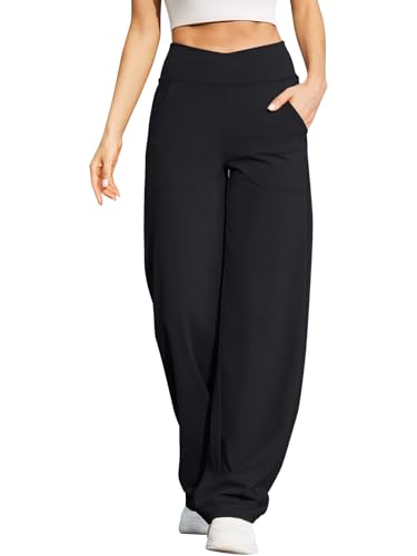 REORIA Damen Hoher Taille Überkreuzte Hose Jogginghose Sporthose Trainingshose Freizeithose Laufhose Mit Geradem Bein Schwarz L von REORIA
