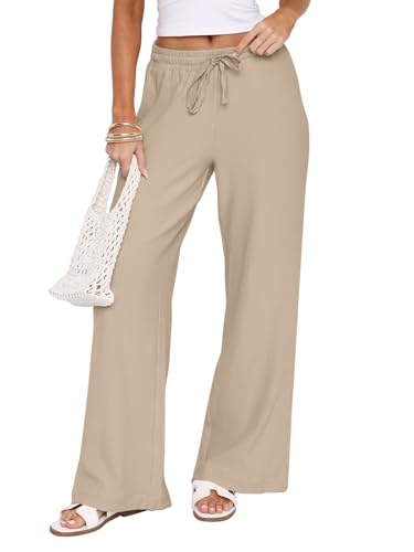 REORIA Damen Hosen Sommer Leicht Palazzo Hose Luftig Weite Hose Bein Wide Leg Pants Lose Casual Sommerhose Baumwolle Freizeithose Strandhose mit Kordelzug Elastisch von REORIA