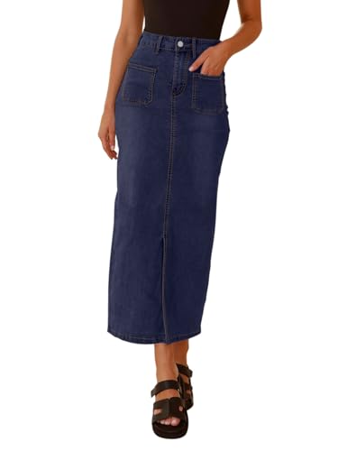 REORIA Damen Jeans Maxirock Bleistift Midiröcke für Damen eleganter Langer Rock mit Vier Taschen und Schlitz am Saum Dunkelblau XL von REORIA
