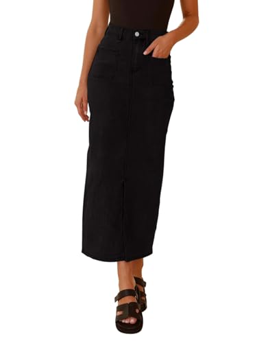 REORIA Damen Jeans Maxirock Bleistift Midiröcke für Damen eleganter Langer Rock mit Vier Taschen und Schlitz am Saum Schwarz M von REORIA