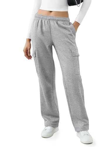 REORIA Damen Jogginghose Trendige Mode weites Bein Jogginghose mit Taschen Kordelzug mittelhoher Bund Y2K Herbst Winter Fleece gefütterte Baggy Hose sportliche Jogginghose Grau M von REORIA