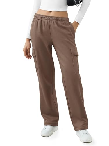 REORIA Damen Jogginghose Trendige Mode weites Bein Jogginghose mit Taschen Kordelzug mittelhoher Bund Y2K Herbst Winter Fleece gefütterte Baggy Hose sportliche Jogginghose Kaffeebraun XL von REORIA