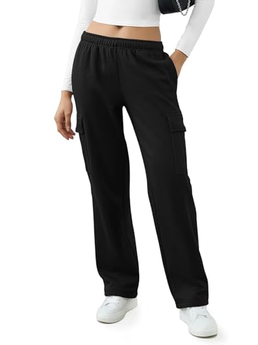 REORIA Damen Jogginghose Trendige Mode weites Bein Jogginghose mit Taschen Kordelzug mittelhoher Bund Y2K Herbst Winter Fleece gefütterte Baggy Hose sportliche Jogginghose Schwarz M von REORIA