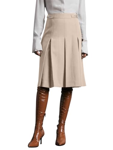 REORIA Damen Knielanger Rock Dicker Faltenrock Hohe Taille Midi Rock Elegant Volltonfarben Röcke Beige M von REORIA