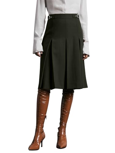 REORIA Damen Knielanger Rock Dicker Faltenrock Hohe Taille Midi Rock Elegant Volltonfarben Röcke Dunkelgrün L von REORIA
