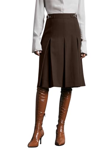 REORIA Damen Knielanger Rock Dicker Faltenrock Hohe Taille Midi Rock Elegant Volltonfarben Röcke Kaffee XL von REORIA
