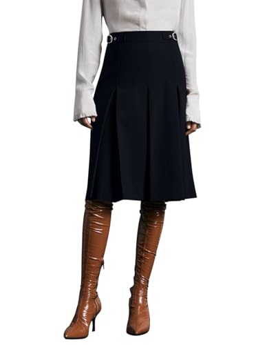 REORIA Damen Knielanger Rock Dicker Faltenrock Hohe Taille Midi Rock Elegant Volltonfarben Röcke Marineblau L von REORIA