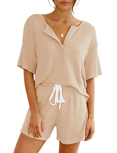 REORIA Damen Kurzarm Lounge Set 2-teilig Strick V Henley Ausschnitt Outfit Nachtwäsche Pyjama Trainingsanzug Apricot XL von REORIA