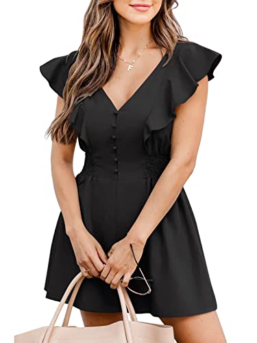 REORIA Damen Kurzarm Rüschen Knopf Cardigan Overall Süßer Einteiler Playsuit Lässig Lose Strampler Jumpsuit Schwarz XL von REORIA