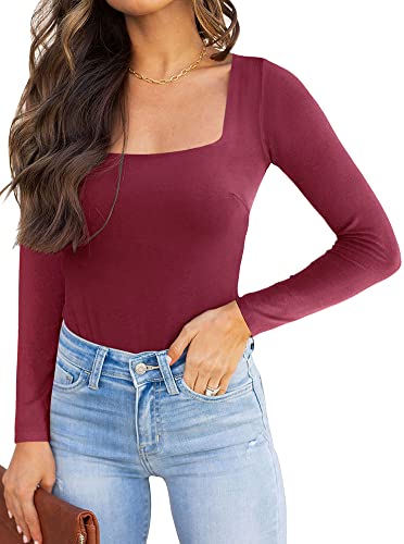 REORIA Damen Langarm Bodysuit Sexy eckiger Ausschnitt doppelt gefüttert Overalls Wienrot XL von REORIA