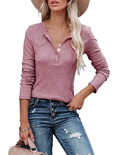 REORIA Damen Langarmshirt Henley Neck Pullover mit geteiltem Ausschnitt Fuchsie XL von REORIA