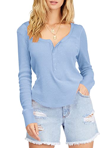 REORIA Damen Langarmshirts Henley Waffle Knit Shirt Button T Shirt mit Shirttail-Saum Blau XL von REORIA