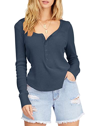 REORIA Damen Langarmshirts Henley Waffle Knit Shirt Button T Shirt mit Shirttail-Saum Marineblau XXL von REORIA