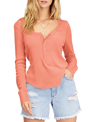 REORIA Damen Langarmshirts Henley Waffle Knit Shirt Button T Shirt mit Shirttail-Saum Orange Rosa XL von REORIA