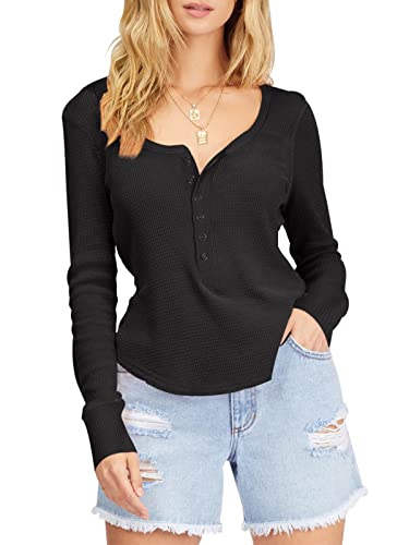 REORIA Damen Langarmshirts Henley Waffle Knit Shirt Button T Shirt mit Shirttail-Saum Schwarz L von REORIA