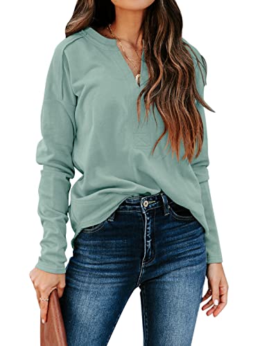 REORIA Damen Langarmshirts lässiges V-Ausschnitt Shirt einfarbige Oberteile lockeres Tops Grau Grün S von REORIA